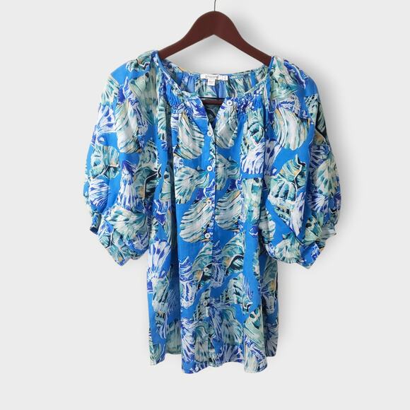 Chico's Blue Seashell Ramie Puff Sleeve Button Up Blouse Sz 3 (16) Coastal - Picture 1 of 10